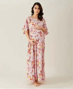The Kaftan Company Three Fourth Sleeves Floral Print Kimono Maternity & Nursing Night Dress - Pink