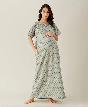 The Kaftan Company Half Sleeves Ethnic Motif Buta Print Maternity Night Dress - Olive