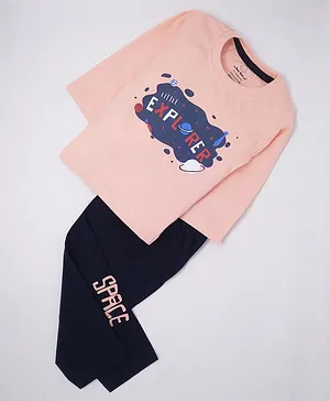 The Boo Boo Club Full Sleeves Explore Space Print Tee & Pajama Set - Pink