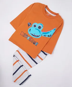 The Boo Boo Club Full Sleeves Dinosaur & Stripes Print Tee & Pajama Set - Orange