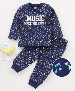 Babyhug Full Sleeves Cotton Night Suit Music Print - Blue
