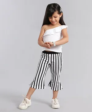 Kookie Kids Short Sleeves Asymmetrical Top & Striped Capri Pant - Black