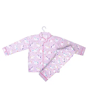 Polkas & Stripes Full Sleeves 100% Cotton Night Suit Unicorn Print- Pink
