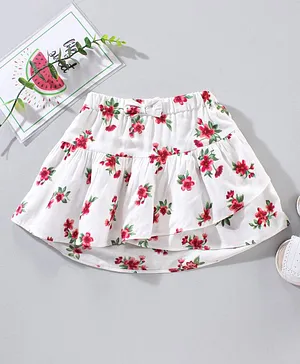 Babyhug Knee Length Skirt With Bow & Floral Print - White