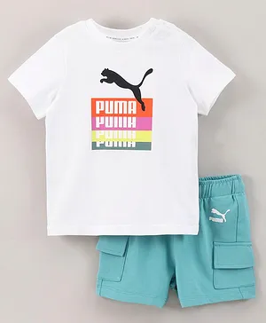 Puma Half Sleeves Tee & Shorts Set Logo Print- Blue White