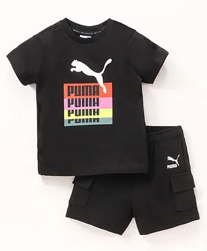 Puma Half Sleeves Tee & Shorts Set Logo Print- Black