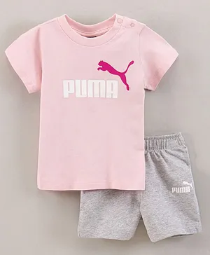 Puma Half Sleeves Tee & Shorts Set Logo Print- Pink Grey