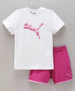 Puma Half Sleeves Tee & Shorts Set Logo Print- Pink White