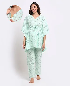 Aujjessa Three Fourth Sleeves Polka Dots Print Kaftan Style Maternity Night Suit - Mint Green