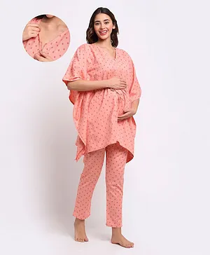 Aujjessa Three Fourth Sleeves Printed Kaftan Style Maternity Night Suit - Peach
