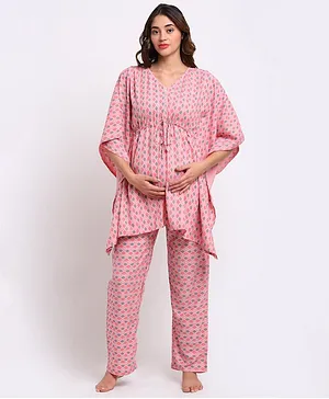 Aujjessa Three Fourth Sleeves Printed Kaftan Style Maternity Night Suit - Peach