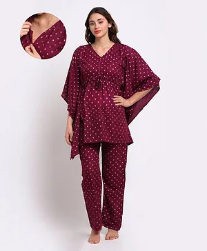 Aujjessa Three Fourth Sleeves Printed Kaftan Style Maternity Night Suit - Plum