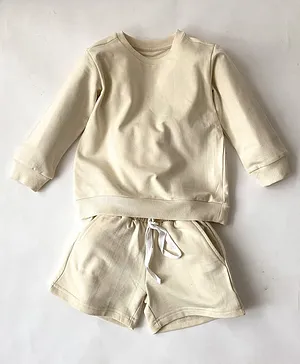 Saltpetre Full Sleeves Solid Sweatshirt & Shorts Sets - Off White