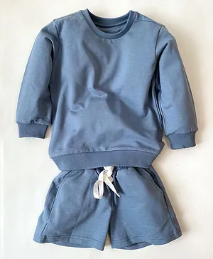 Saltpetre Full Sleeves Solid Organic Cotton Sweatshirt With Shorts - Blue
