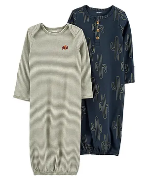 Carter's 100% Cotton Full Sleeves Striped Gown Nightwear Pack Of 2 - Grey & Blue