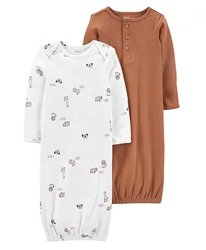 Carter's 100% Cotton Full Sleeves Animal Printed Gown Nightwear Pack Of 2 - White & Brown