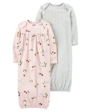 Carter's 100% Cotton Full Sleeves Floral Printed Gown Nightwear Pack Of 2 - Pink & Blue