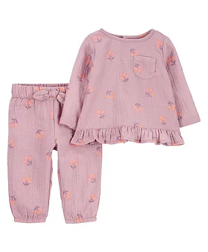 Carter's Full Sleeves Top And Lounge Pant Set Floral Print - Purple
