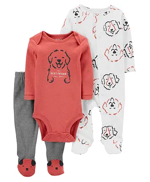 Carter's Cotton Blend Knit Full Sleeves Romper with Onesie & Leggings Puppy Print - Multicolour