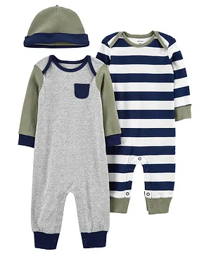 Carter's Cotton Blend Knit Full Sleeves Striped Rompers With Cap Pack of 2 - Multicolour