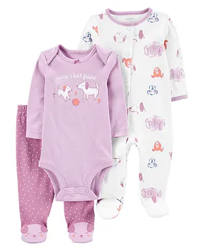 Carter's Cotton Blend Knit Full Sleeves Romper with Onesie & Leggings Puppy Print - Multicolour