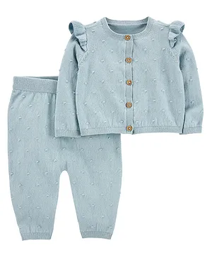 Carter's Cotton Knit Full Sleeves Cardigan & Pant Set Solid - Blue