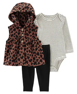 Carter's Cotton Knit Full Sleeves Onesie & Pajama Set with Jacket Leopard Print - Brown & Grey