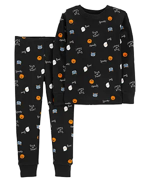 Carter's Cotton Knit Full Sleeves Night Suit Spooky Print - Black
