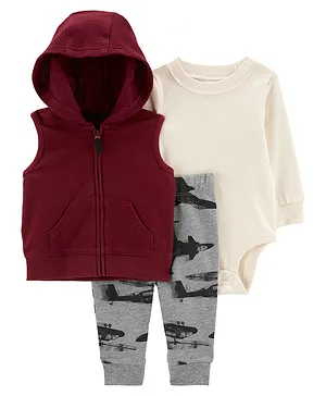 Carter's Cotton Knit Full Sleeves Onesie & Pajama Set with Jacket Fighter Jets Print - Red & Grey
