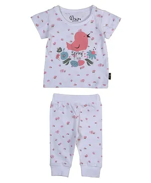 GJ Baby Short Sleeves Tee With Lounge Pants Floral & Bird Print- White
