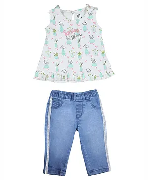 GJ Baby Sleeveless Top And Jeans Set Plant Print- Blue White