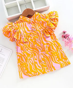 Hugsntugs Half Sleeves Abstract Print Top With Ruffles Detail -Yellow