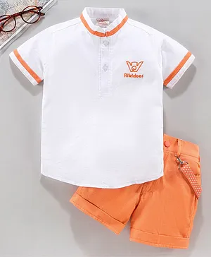 Rikidoos Half Sleeves Logo Design Tee With Shorts & Suspenders - Orange