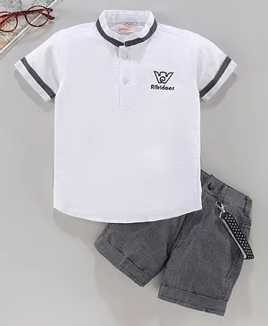 Rikidoos Half Sleeves Logo Design Tee With Shorts & Suspenders - Black