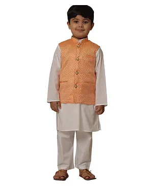Pehanaava Full Sleeves Solid Kurta And Pyjama With Printed Jacket - White