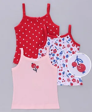 Babyoye Cotton Singlet Camisoles Polka Dots & Floral Print Pack of 3 - White Pink Red