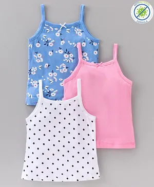 Babyoye Cotton Singlet Camisoles Polka Dots & Floral Print Pack of 3 - Pink Blue White