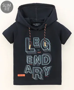 Ruff Half Sleeves Hooded T-Shirt Legendary Print - Navy