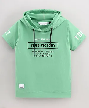 Ruff Half Sleeves Hooded T-Shirt Text Print - Green