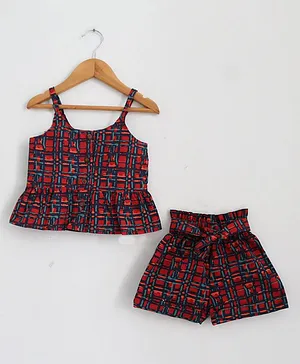 Woonie Sleeveless Checks Print Strappy Top With Shorts - Red
