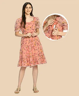 Mometernity Half Sleeves Floral Print Maternity Dress - Light Pink