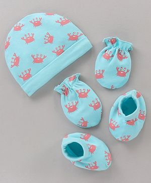 Babyhug 100% Cotton Cap Mitten Booties Set Crab Printed Blue - Diameter 11 cm