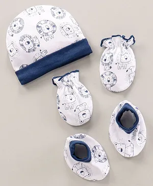 Babyhug 100% Cotton Caps Mittens & Booties Set Lion Printed White- Cap Diameter 9.5 cm