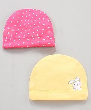 Babyhug 100% Cotton Caps Heart Print Pack of 2 - Pink Yellow