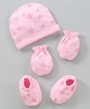 Babyhug 100% Cotton Knit Cap Mittens & Booties Set Star Printed Pink - Diameter 16 cm