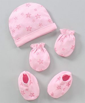 Babyhug 100% Cotton Knit Cap Mittens & Booties Set Star Printed Pink - Diameter 18 cm