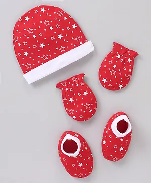 Babyhug 100% Cotton Knit Cap Mitten & Booties Set Star Print Red - Diameter 11 cm