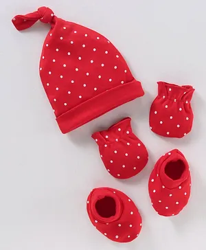 Babyhug 100% Cotton Cap Mittens & Booties Polka Dot - Red
