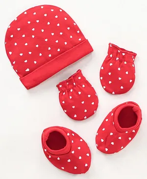 Babyhug 100% Cotton Cap Mittens & Booties Set Heart Print - Red