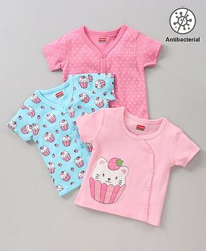 Babyhug 100% Cotton Antibacterial Half Sleeves Vests Cat Print Pack of 3 - Pink Blue